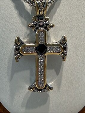 Gold and Silver Cross Pendant Necklace with Black Center Stone by John Medeiros